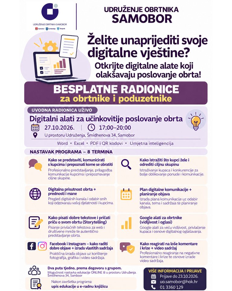 Besplatne digitalne radionice za obrtnike – otvorene prijave